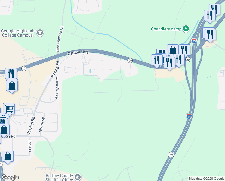 map of restaurants, bars, coffee shops, grocery stores, and more near 30 Backus Road Southeast in Cartersville