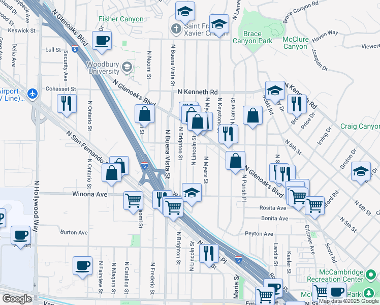 map of restaurants, bars, coffee shops, grocery stores, and more near 2526 North Brighton Street in Burbank