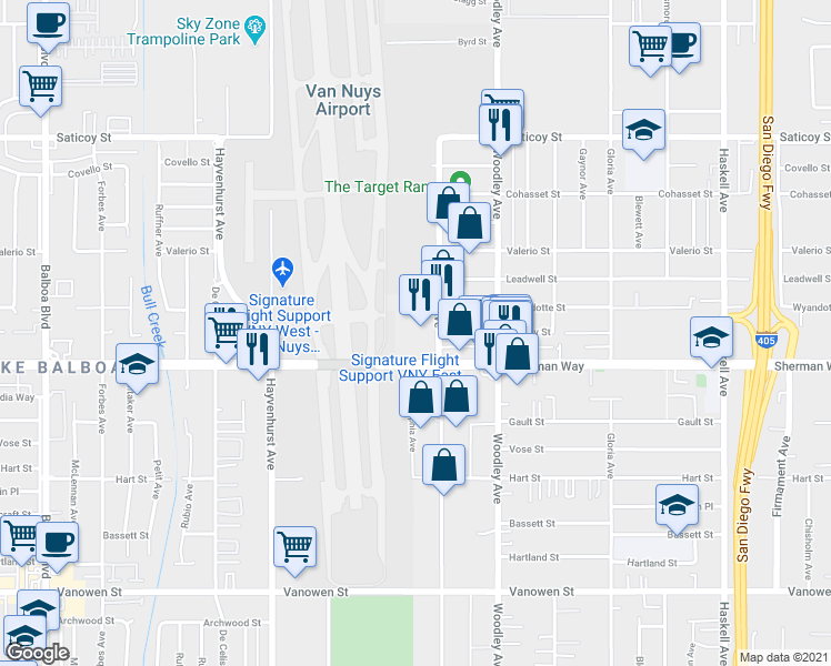 map of restaurants, bars, coffee shops, grocery stores, and more near 7277 Valjean Avenue in Los Angeles