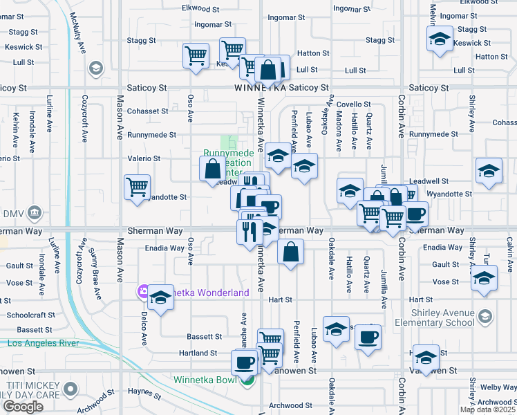 map of restaurants, bars, coffee shops, grocery stores, and more near 7229 Winnetka Avenue in Los Angeles