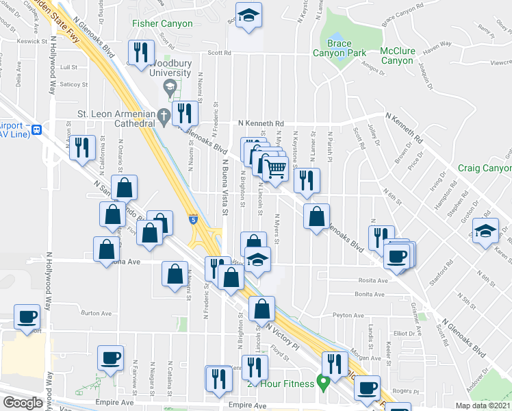 map of restaurants, bars, coffee shops, grocery stores, and more near 2526 North Brighton Street in Burbank
