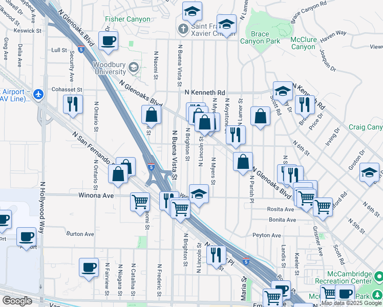 map of restaurants, bars, coffee shops, grocery stores, and more near 2526 North Brighton Street in Burbank