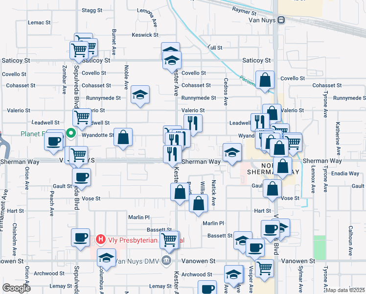 map of restaurants, bars, coffee shops, grocery stores, and more near 14839 Sherman Way in Los Angeles