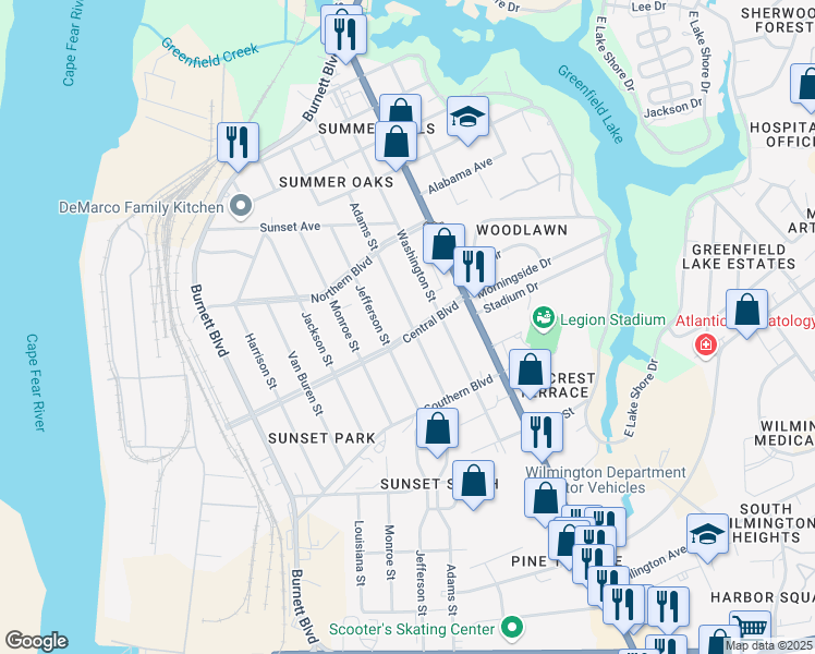 map of restaurants, bars, coffee shops, grocery stores, and more near 245 Central Boulevard in Wilmington