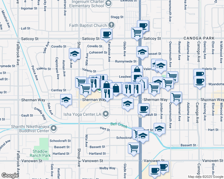 map of restaurants, bars, coffee shops, grocery stores, and more near 22153 Cantlay Street in Los Angeles