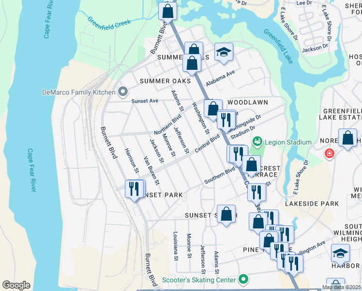 map of restaurants, bars, coffee shops, grocery stores, and more near 2052 Jefferson Street in Wilmington