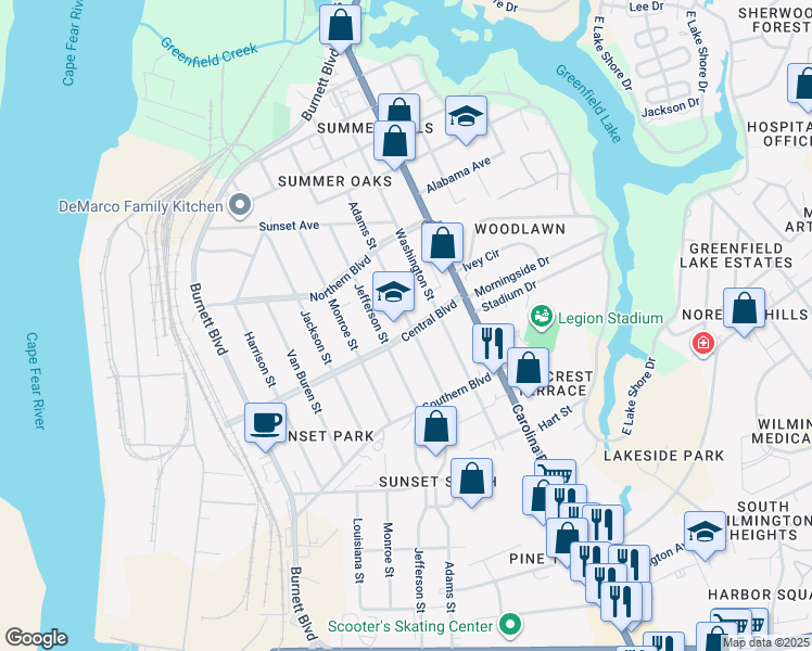 map of restaurants, bars, coffee shops, grocery stores, and more near 245 Central Boulevard in Wilmington