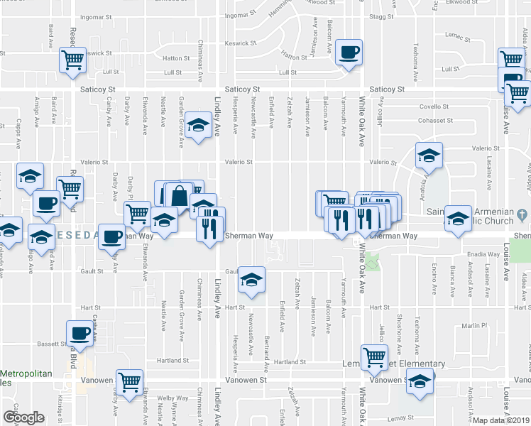 map of restaurants, bars, coffee shops, grocery stores, and more near 7233 Enfield Avenue in Los Angeles