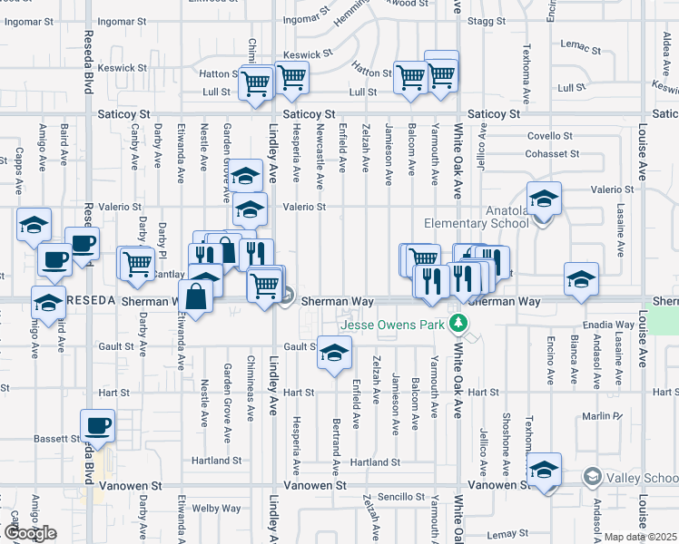 map of restaurants, bars, coffee shops, grocery stores, and more near 7233 Enfield Avenue in Los Angeles