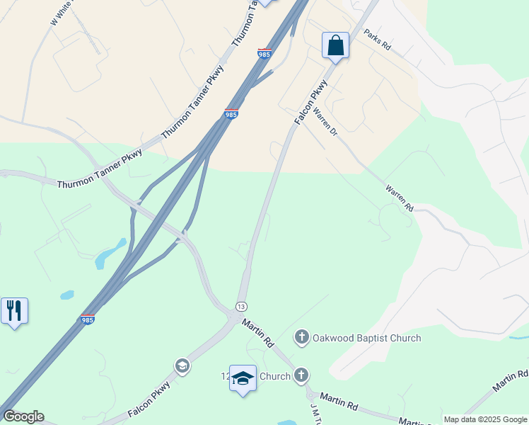 map of restaurants, bars, coffee shops, grocery stores, and more near 4121 Atlanta Highway in Flowery Branch