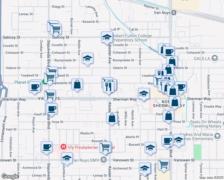 map of restaurants, bars, coffee shops, grocery stores, and more near 14829 Sherman Way in Los Angeles