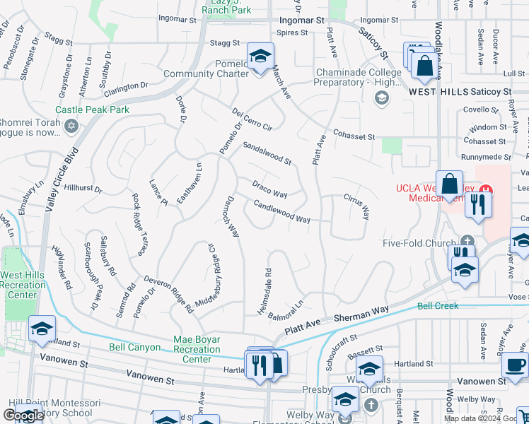 map of restaurants, bars, coffee shops, grocery stores, and more near 23650 Candlewood Way in Los Angeles