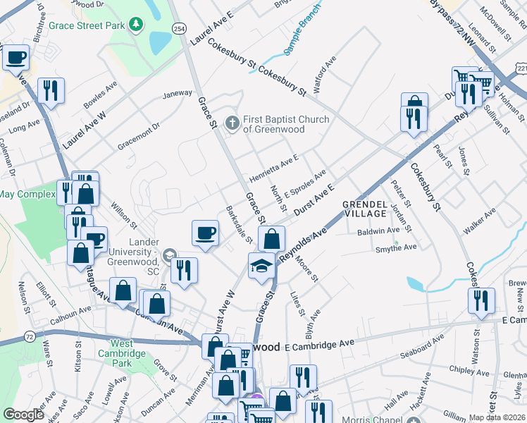 map of restaurants, bars, coffee shops, grocery stores, and more near 445 Grace Street in Greenwood