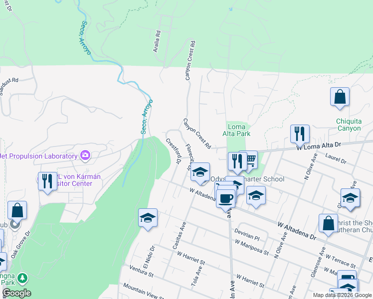 map of restaurants, bars, coffee shops, grocery stores, and more near 3285 Florecita Drive in Altadena