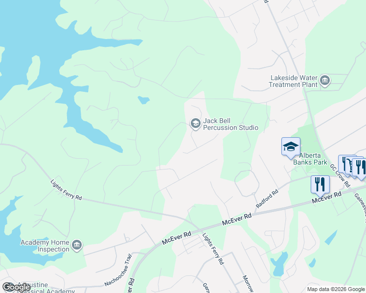 map of restaurants, bars, coffee shops, grocery stores, and more near 6607 Blue Cove Drive in Flowery Branch