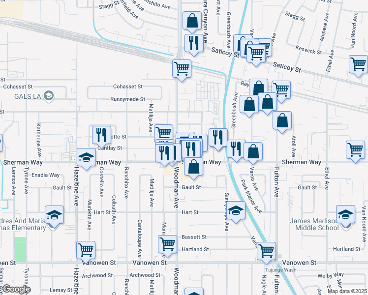 map of restaurants, bars, coffee shops, grocery stores, and more near 7236 Woodman Avenue in Los Angeles