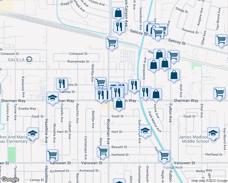 map of restaurants, bars, coffee shops, grocery stores, and more near 7236 Woodman Avenue in Los Angeles