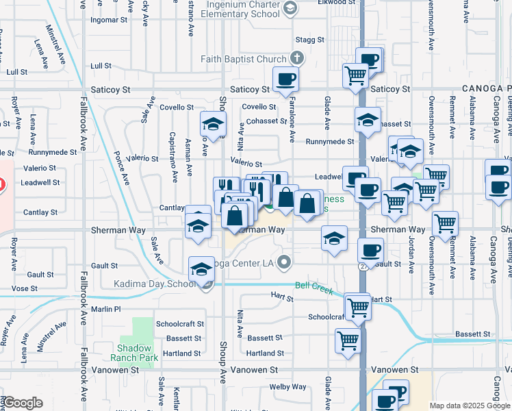 map of restaurants, bars, coffee shops, grocery stores, and more near 22301 Wyandotte Street in Los Angeles