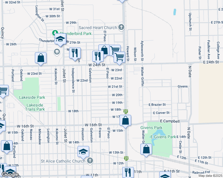 map of restaurants, bars, coffee shops, grocery stores, and more near 502 West 21st Street in Plainview