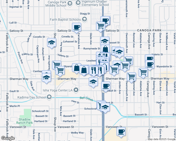 map of restaurants, bars, coffee shops, grocery stores, and more near 22113 Cantlay Street in Los Angeles