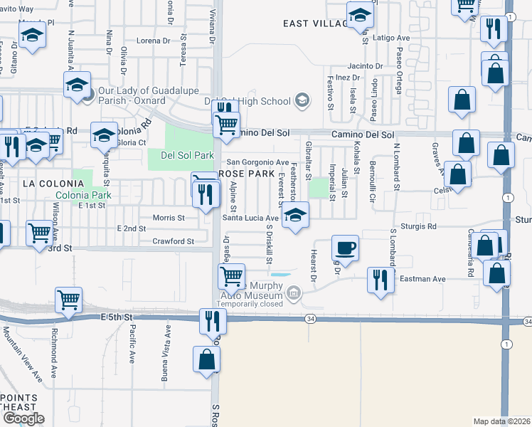 map of restaurants, bars, coffee shops, grocery stores, and more near 136 Cordova Street in Oxnard