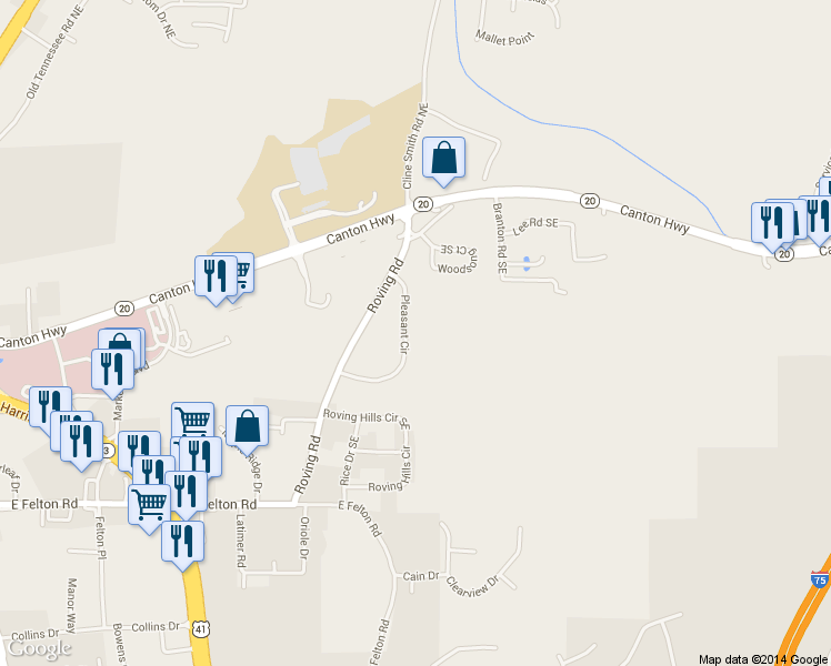 map of restaurants, bars, coffee shops, grocery stores, and more near 56 Buena Vista Cir SE in Cartersville