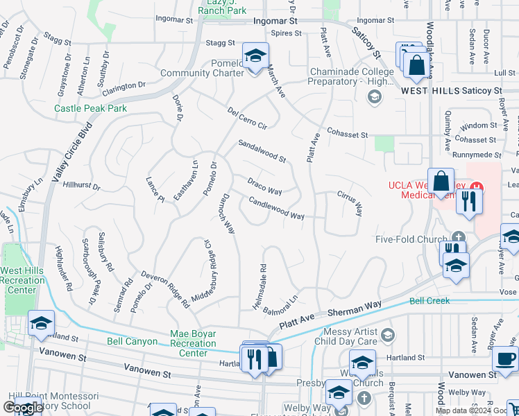 map of restaurants, bars, coffee shops, grocery stores, and more near 23650 Candlewood Way in Los Angeles
