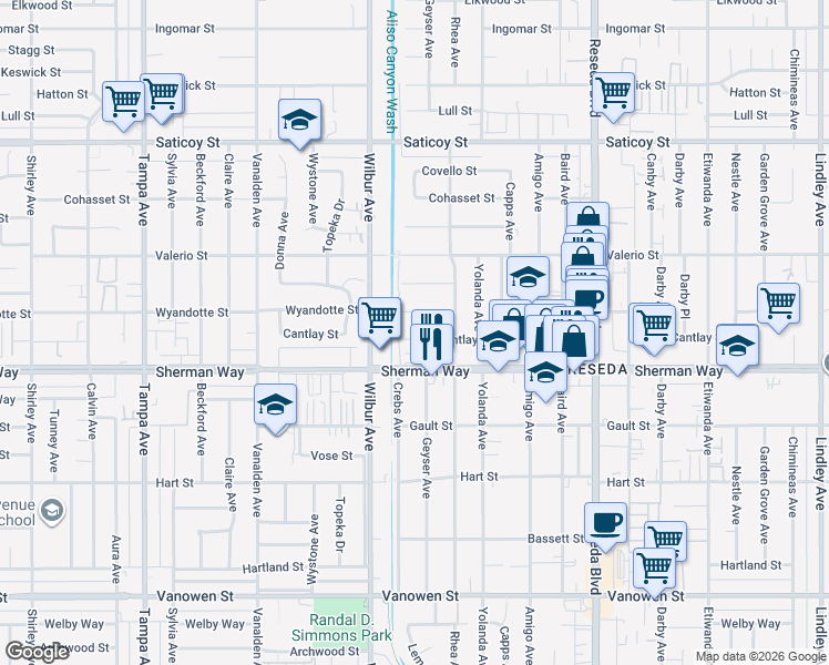 map of restaurants, bars, coffee shops, grocery stores, and more near 18813 Cantlay Street in Los Angeles