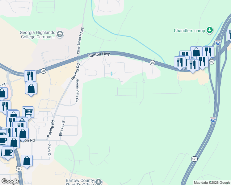 map of restaurants, bars, coffee shops, grocery stores, and more near 30 Backus Road Southeast in Cartersville