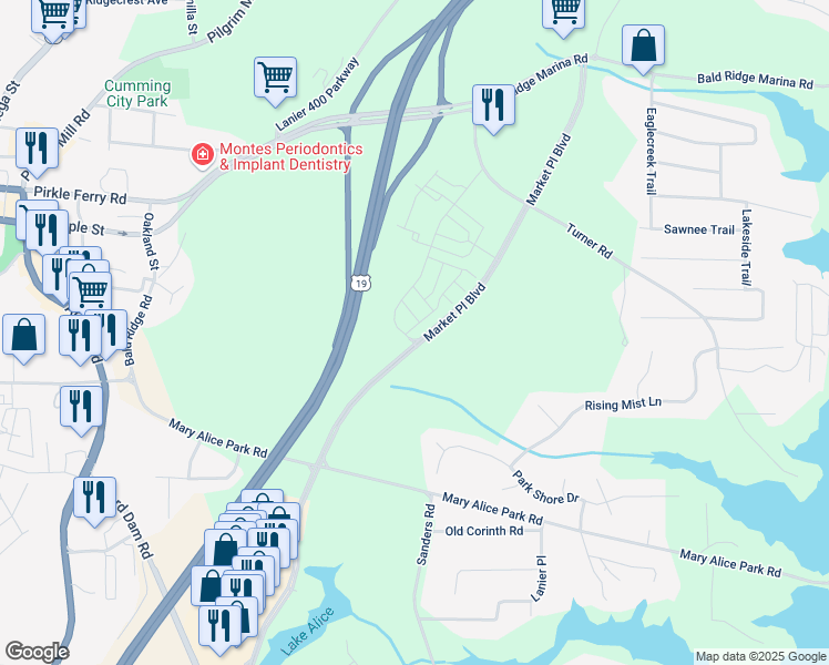 map of restaurants, bars, coffee shops, grocery stores, and more near 1249 Windmill Parkway in Cumming