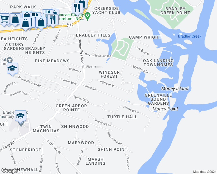 map of restaurants, bars, coffee shops, grocery stores, and more near 6238 Ingleside Drive in Wilmington