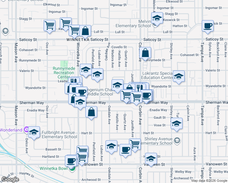 map of restaurants, bars, coffee shops, grocery stores, and more near 7300 Madora Avenue in Los Angeles