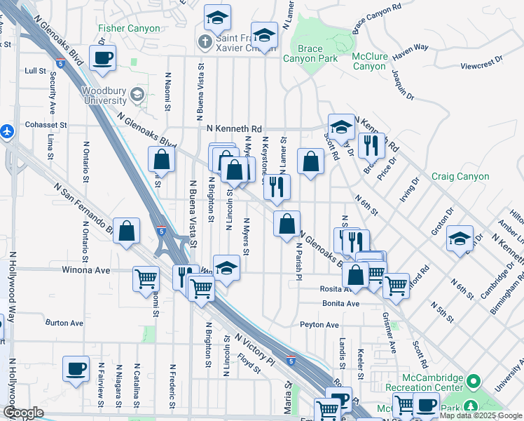 map of restaurants, bars, coffee shops, grocery stores, and more near 2505 North Keystone Street in Burbank