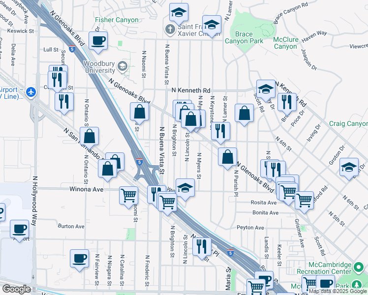 map of restaurants, bars, coffee shops, grocery stores, and more near 2600 North Brighton Street in Burbank