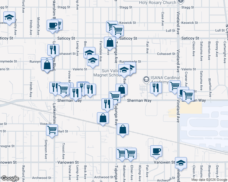 map of restaurants, bars, coffee shops, grocery stores, and more near 7262 Kraft Avenue in Los Angeles