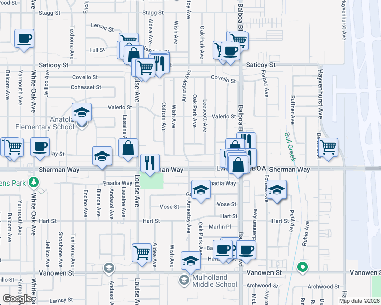 map of restaurants, bars, coffee shops, grocery stores, and more near 7257 Amestoy Avenue in Los Angeles
