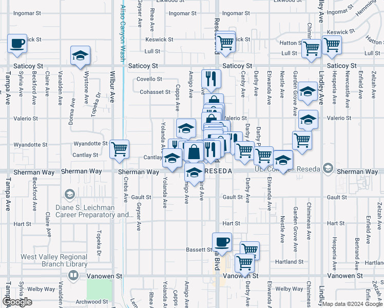 map of restaurants, bars, coffee shops, grocery stores, and more near 18540 Wyandotte Street in Los Angeles