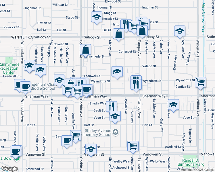 map of restaurants, bars, coffee shops, grocery stores, and more near 7301 Shirley Avenue in Los Angeles