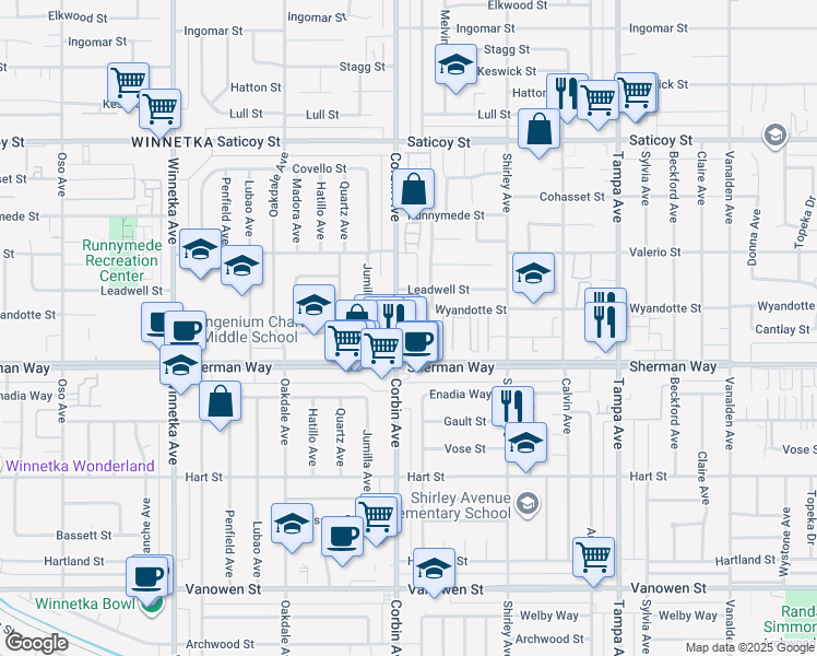map of restaurants, bars, coffee shops, grocery stores, and more near 7308 Corbin Avenue in Los Angeles