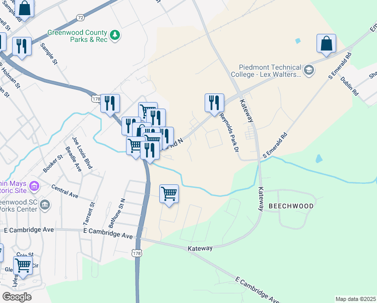map of restaurants, bars, coffee shops, grocery stores, and more near 182-244 Emerald Road North in Greenwood