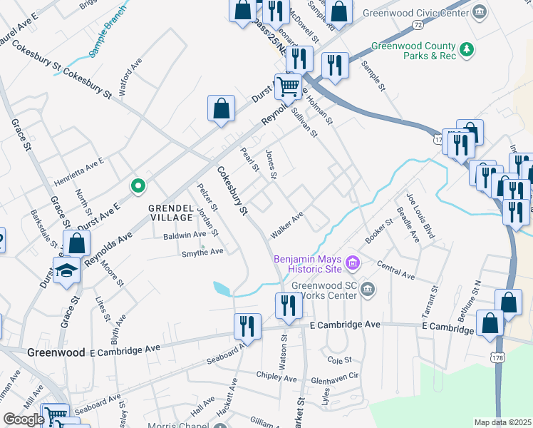 map of restaurants, bars, coffee shops, grocery stores, and more near 100-126 Oakhill in Greenwood
