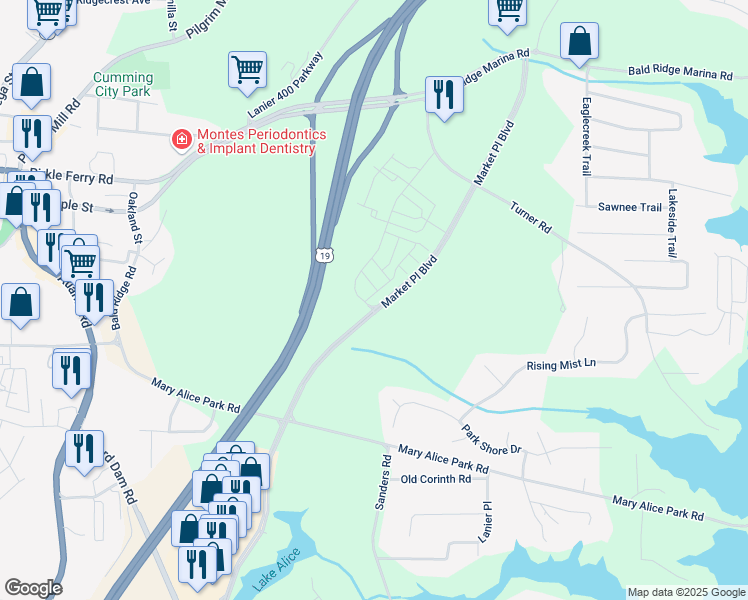 map of restaurants, bars, coffee shops, grocery stores, and more near 1249 Windmill Parkway in Cumming