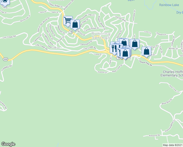 map of restaurants, bars, coffee shops, grocery stores, and more near 2824 Preston Drive in Running Springs