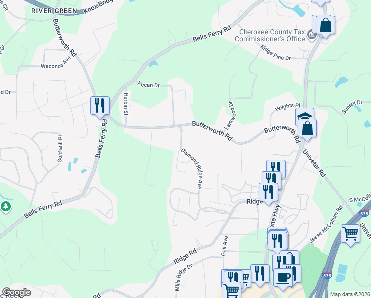 map of restaurants, bars, coffee shops, grocery stores, and more near 174 Diamond Ridge Avenue in Canton