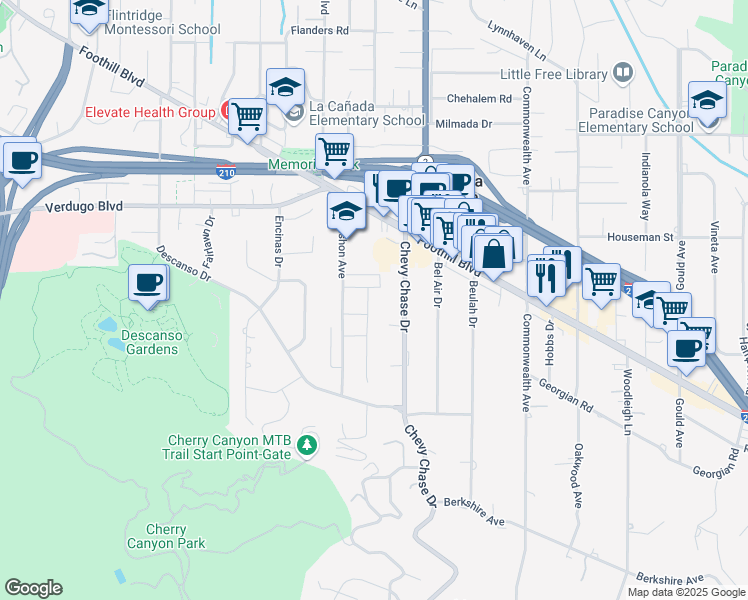 map of restaurants, bars, coffee shops, grocery stores, and more near 4390 Hayman Avenue in La Cañada Flintridge