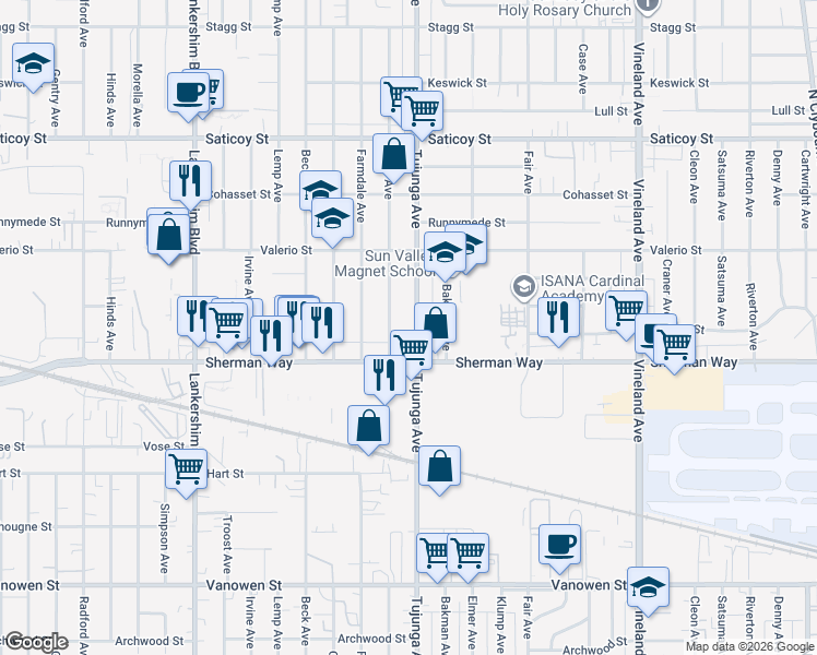 map of restaurants, bars, coffee shops, grocery stores, and more near 7262 Kraft Avenue in Los Angeles