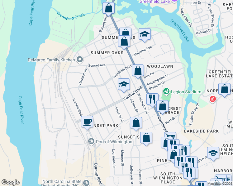 map of restaurants, bars, coffee shops, grocery stores, and more near 2039 Jefferson Street in Wilmington