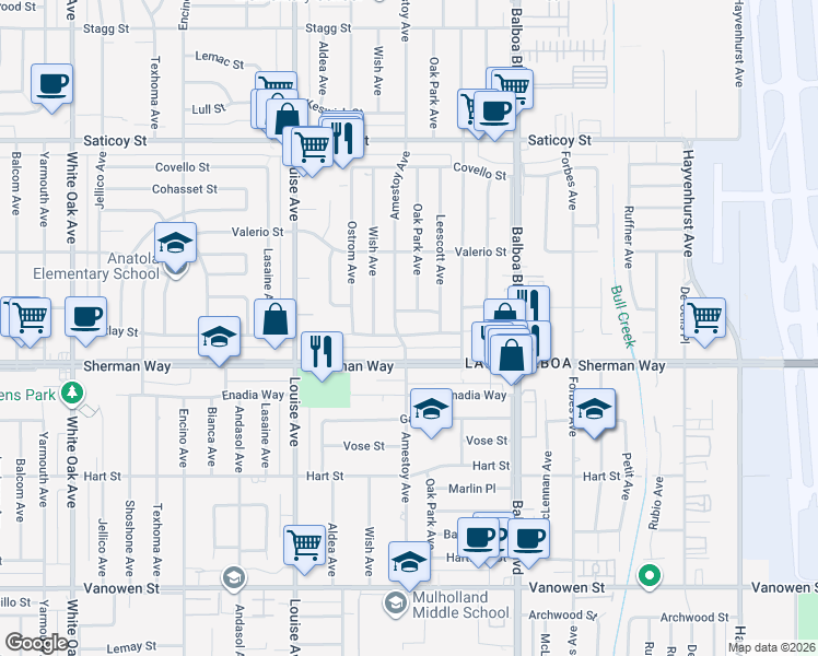 map of restaurants, bars, coffee shops, grocery stores, and more near 7257 Amestoy Avenue in Los Angeles