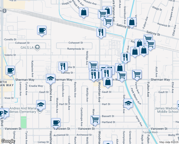 map of restaurants, bars, coffee shops, grocery stores, and more near 13751 Cantlay Street in Los Angeles