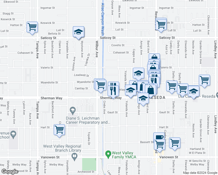 map of restaurants, bars, coffee shops, grocery stores, and more near 18813 Cantlay Street in Los Angeles